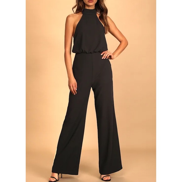 Lulus Moment for Life Black Halter Jumpsuit Sleeveless Wide Leg Party Evening - Picture 1 of 16